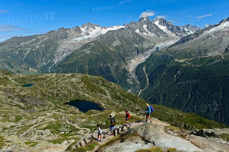 Hikers in the Chamonix hiking area in front of the alpine panorama of the French Alps, from left to right: summit Aiguille du Tour, glacier Glacier du Tour, summit Aiguille du Chardonnet and Aiguille d'Argentière, glacier Glacier d'Argentière, Chamonix, Savoie, France, Europe