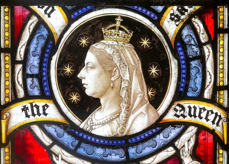 Stained glass window commemorating 60th year of reign of Queen Victoria, Boulge church, Suffolk, England, UK - Clayton and Bell 1897