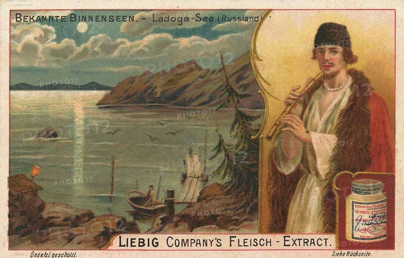 Picture series Famous inland lake with locals, Lake Ladoga in Russia, Liebig picture, digitally restored reproduction of a collector's picture from around 1900, public domain, exact date unknown, A man with a flute in front of an atmospherically illuminated landscape at Lake Ladoga
