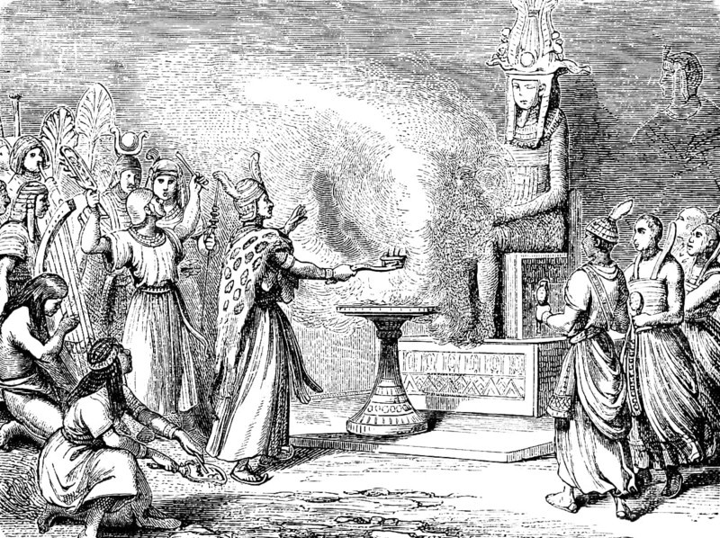 Rite of sacrifice of the priests in Egypt, beginners of human society, ceremony in honour of the deity, worship, fire with offering, throne, cult, historical illustration 1880