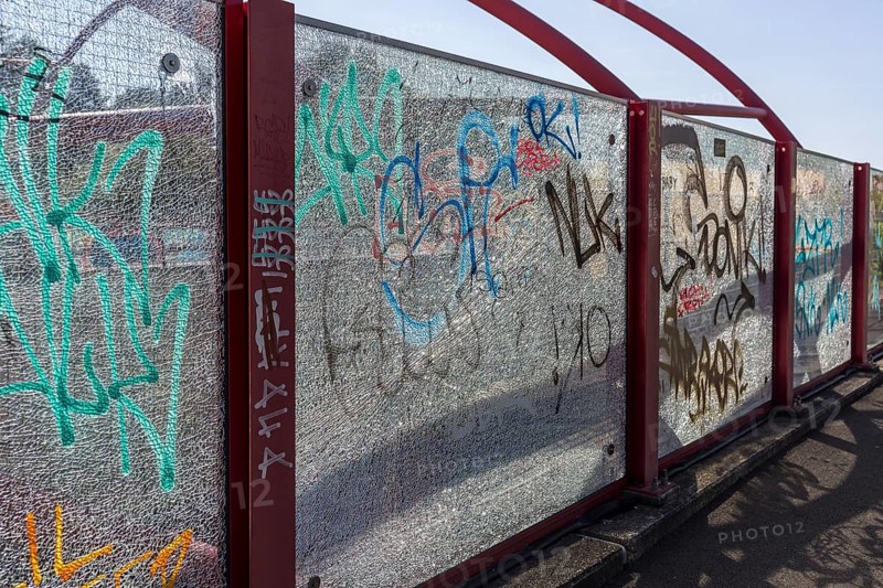 Laminated safety glass, VSG, with glass cracks and letters smeared on it, Zwickau, Saxony, Germany, Europe