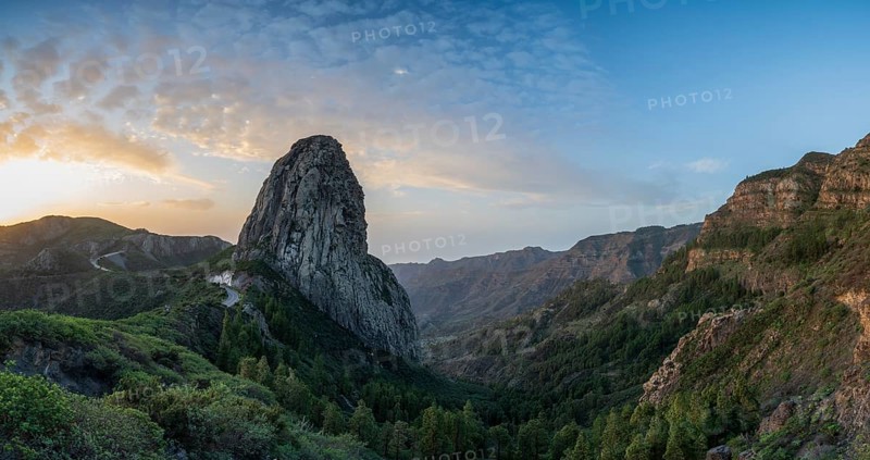Roque de Agando rock tower at sunrise, Monumento Natural de los Roques, La Gomera, Canary Islands, Spain, Europe