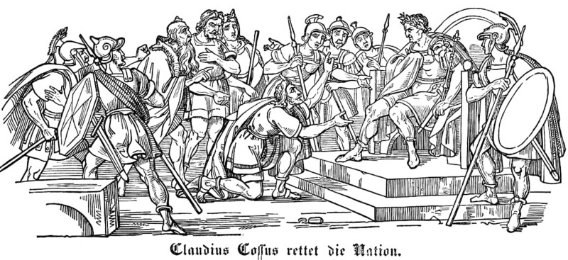 Caludius Cossus saves the nation in 1673, as a Helvetian envoy he asks the leader of the Vitellian army Alienus Caecina for mercy for his tribe, Helvetia, soldiers with shield and weapons, gratitude, woodcut illustration, Swiss calendar for 1848