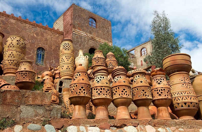 Morocco, clay jugs in front of a hotel, pottery, potteries, Africa
