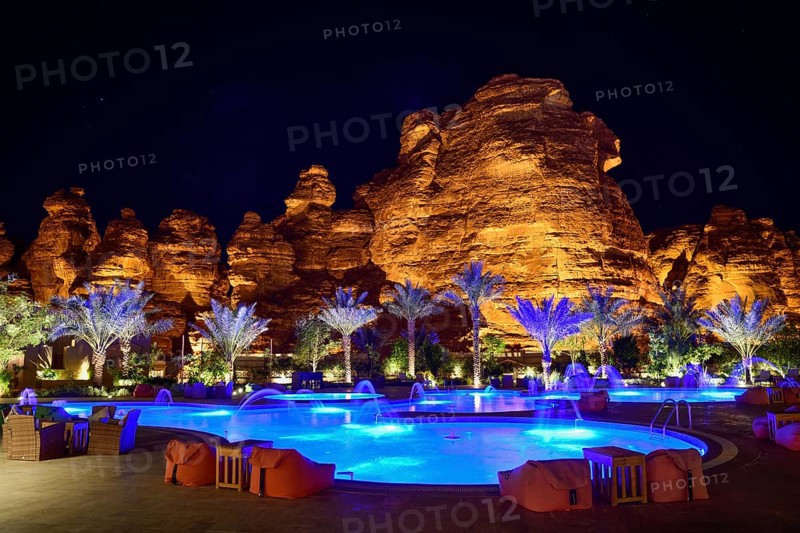 Shaden Resort by night, AlUla, Medina Province, Saudi Arabia, Arabian Peninsula, Asia