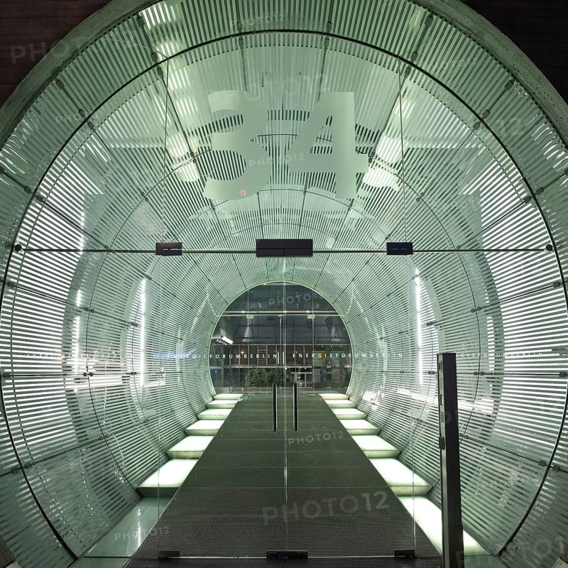 Illuminated, tubular entrance to the EnergieForum Berlin, Friedrichshain, Berlin, Germany, Europe