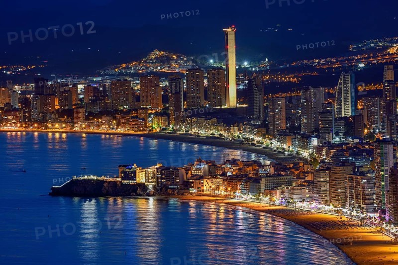View over Benidorm and the Playa Levante, blue hour, Benidorm, Costa Blanca, Valencia country, Spain, Europe