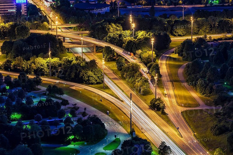 Elevated view of German autobahn road at night. Munich, Bavaria, Germany, Europe