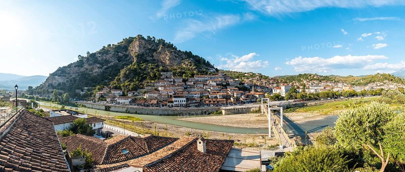 Panoramic of the historic city of Berat in Albania its castle above, UNESCO World Heritage Site, the city of a thousand windows