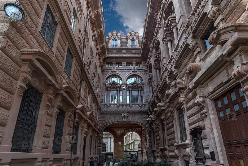 Courtyard façades of the Palazzo della Borsa, built between 1907 and 1912, in Piazza de Ferrari, Genoa, Italy, Europe
