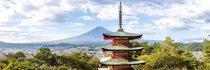 View of Mount Fuji with Chureito Pagoda in Arakurayama Sengen Park Panorama in Shimoyoshida, Japan, Asia