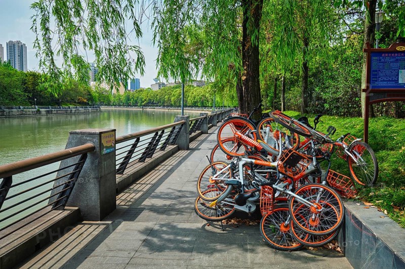 CHENGDU, CHINA, APRIL 15, 2018: Mobike bikes for share parked in Chengdu, Sichuan, China, Asia
