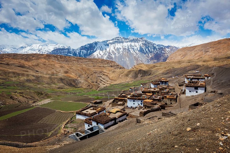 Comic village in Himalayas. Spiti Valley, Himachal Pradesh, India, Asia