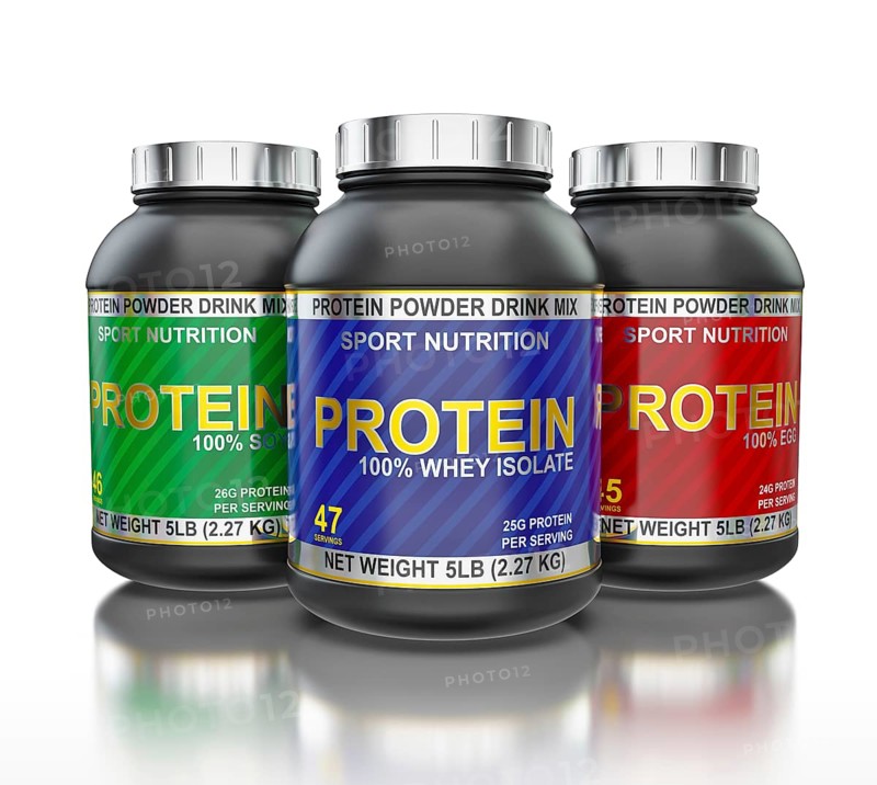 Sport nutrition, bodybuilding supplements, sport diet concept, whey isolate, soy and egg protein jar cans in line isolated on white background with reflection