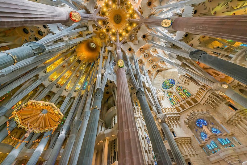 Interior of the Familia Sagrada, religion, Christianity, by the architect Antonio Gaudi in Barcelona, Spain, Europe