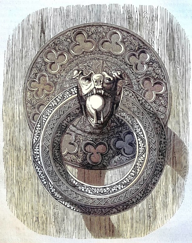 A finely chiselled iron ring, door handle on one of the inner doors of Bourges Cathedral, France, Historic, digitally restored reproduction of a 19th century original, Europe