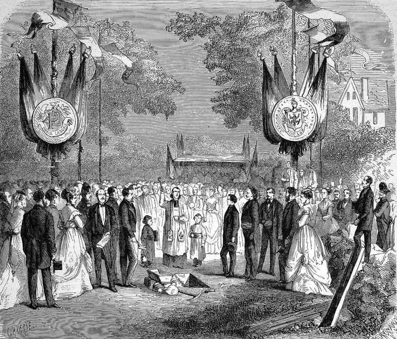 Laying of the foundation stone for the typographical villa founded in Livry-Gargan, 1869, France, Historic, digitally restored reproduction of an original 19th century master, exact original date not known, Europe