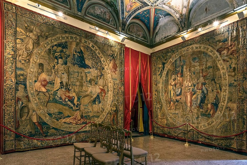 Large tapestries in a room of the Villa del Principe, Palazzo di Andrea Doria, Piazza dei Principe, Genoa. Italy