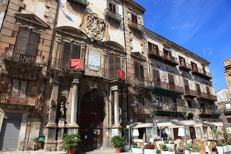 Palermo, restaurant, cafe in Piazza Bologna square in the old town, Sicily, Italy, Europe