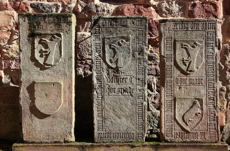 Gravestones in the Bibras Chapel in the ruins of St. Mary's Monastery Church, Veßra Monastery, Hildburghausen District, Thuringia, Germany, Europe