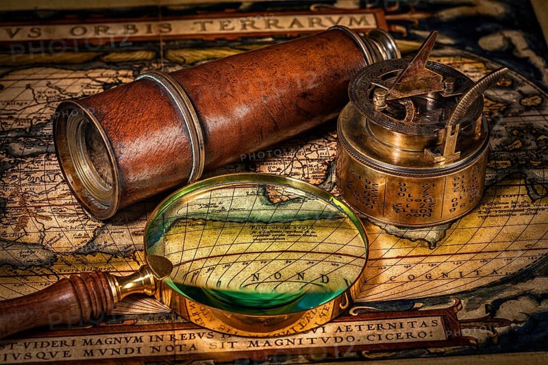 Travel geography navigation concept background, old vintage retro compass with sundial, spyglass and magnifying glass on ancient world map