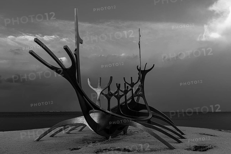 Viking ship sculpture, Sun Voyager, black and white photograph, Reykjavik, Reykjanes Peninsula, Sudurnes, Iceland, Europe