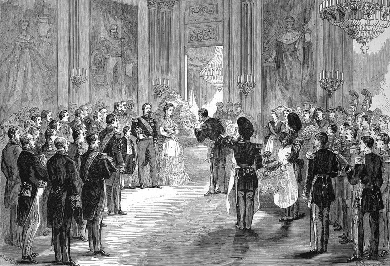 Stay of the Court in Compiegne, the Empress's Feast. The officers present the Empress with bouquets of flowers, 1869, France, Historic, digitally restored reproduction of an original 19th century master, exact original date unknown, Europe