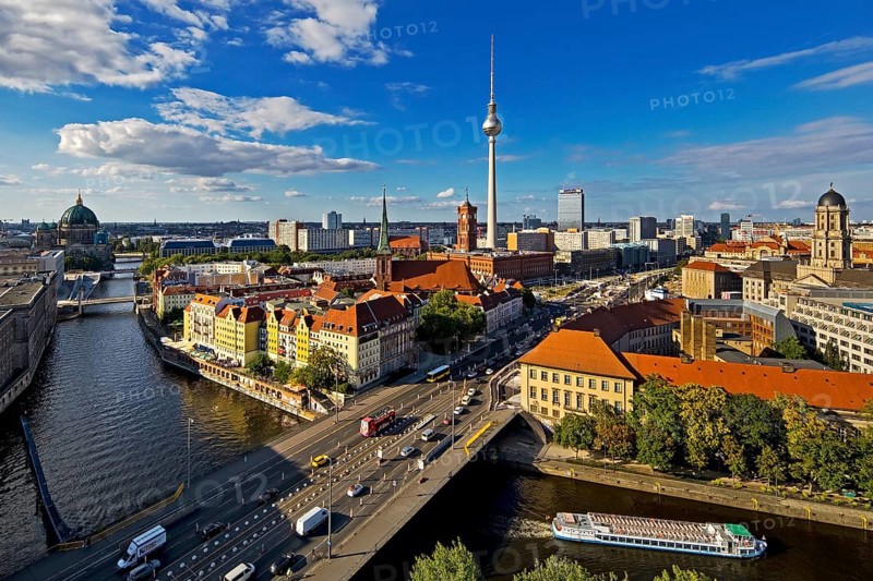 City panorama with Spree, Cathedral, Nikolai Quarter, Red Town Hall, TV Tower and Old Town House, Berlin-Mitte, Berlin, Germany, Europe