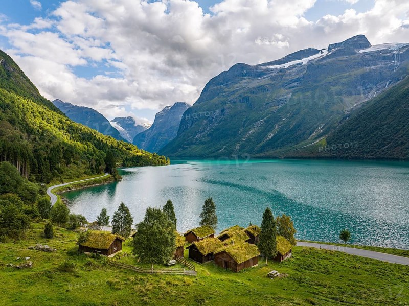 Traditional cabins on the shores of Lake Lovatnet, Breng seter, Loen, Stryn, Norway, Europe