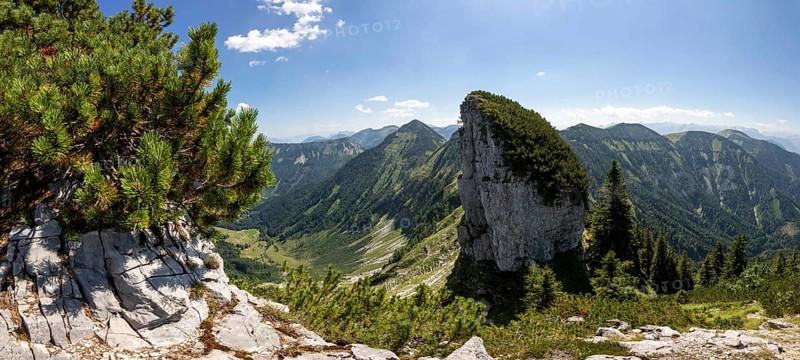 Panorama photo, mountain landscape, summit massif of the Regenspitz with Gennerhorn, Osterhorn group, Salzkammergut, province of Salzburg, Austria, Europe