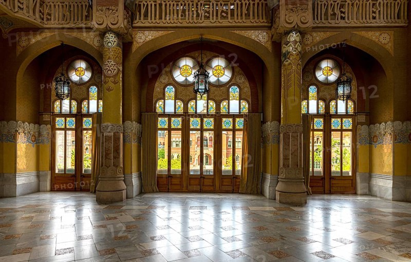 Interior view of the hall and corridors in the main building in the Hospital de la Santa Creu i Sant Pau by architect Lluís Domènech i Montaner, Barcelona, Catalonia