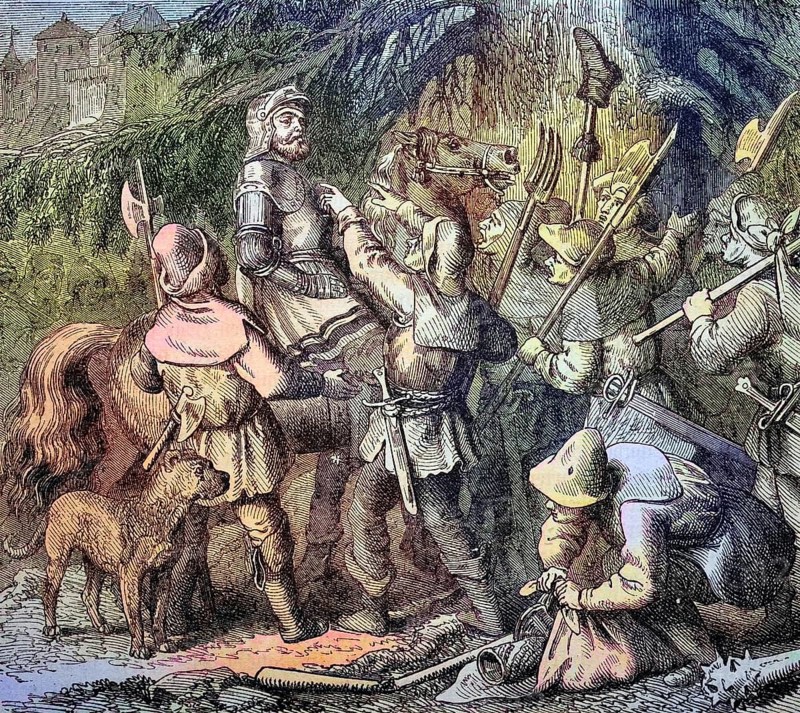 Götz von Berlichingen, 1480 - July 23, 1562, is elected field captain by the rebellious Frankish farmers / Götz von Berlichingen, 1480 - 23. Juli 1562, wird von den aufständigen fränkischen Bauern zum Feldhauptmann gewählt, Historisch, historical, digital improved reproduction of an original from the 19th century / digital reproduction of an original from the 19th century