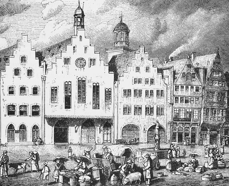 The Römer in Frankfurt am Main, town hall with stepped gable facade, Römerberg with fountain, sale and trade of agricultural products on the market square, wagon, cattle, travelling, Hesse, Germany, historical illustration 1885, Europe