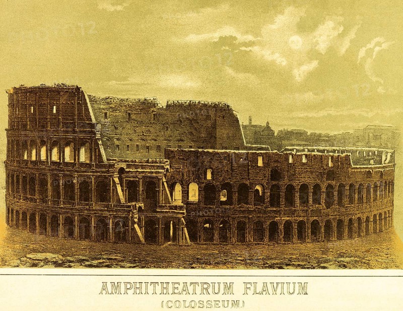Amphiteatrum Flavium, Colosseum, amphitheatre, built 72-80 AD, entertainment, fun, cruelty, Ancient Rome, title, Italy, coloured historical illustration from 1882, Europe