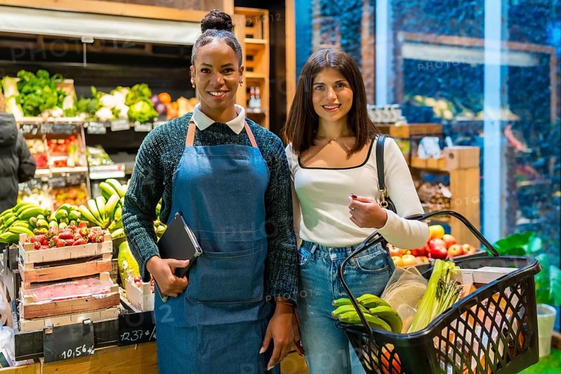 Supermarket employee and customer posing together in a grocery store full of fresh bio products