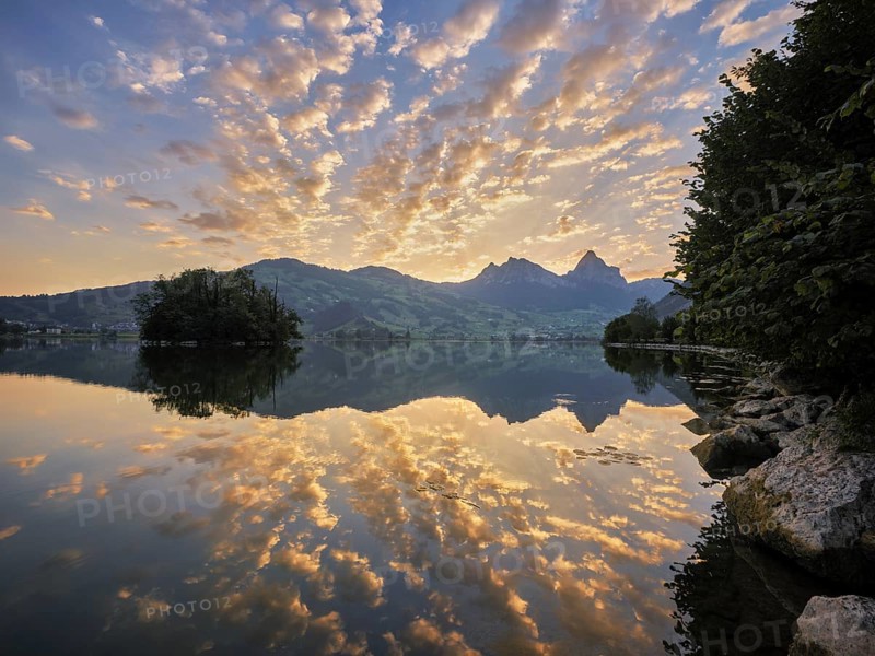 Morning atmosphere at Lake Lauerz with island, Großer and Kleiner Mythen in the background, Lauerz, Canton Schwyz, Switzerland, Europe