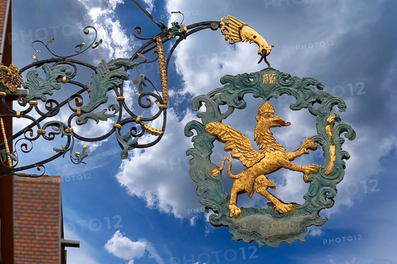 Historic nose sign from around 1900 at the former Gasthof Zum Greifen, Dr.-Martin-Luther-Straße 7, Dinklesbühl, Bavaria, Germany, Europe