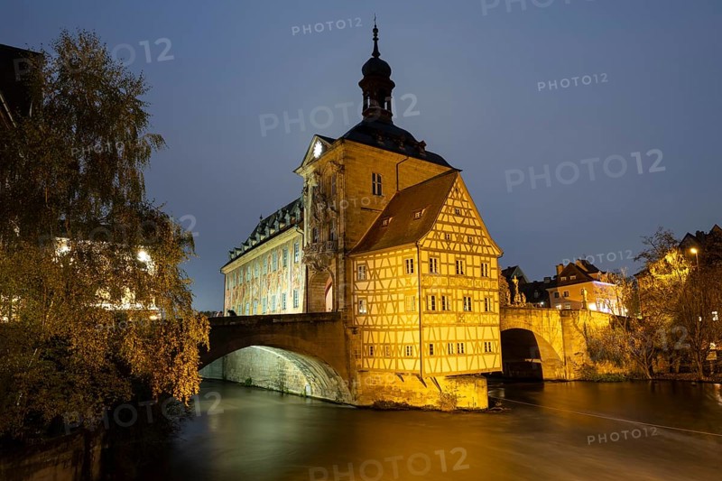 The old town hall on the river Regnitz, Blue Hour, Bamberg, Upper Franconia, Bavaria, Germany, Europe