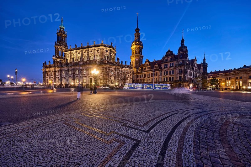 Dresden Court Church, Dresden Royal Palace, Hausmann Tower, Baroque, Renaissance and Neo-Renaissance architectural styles, tram, pedestrians with motion blur, evening blue hour, Theatre Square, Dresden, state capital, independent city, Saxony, Germany, Europe