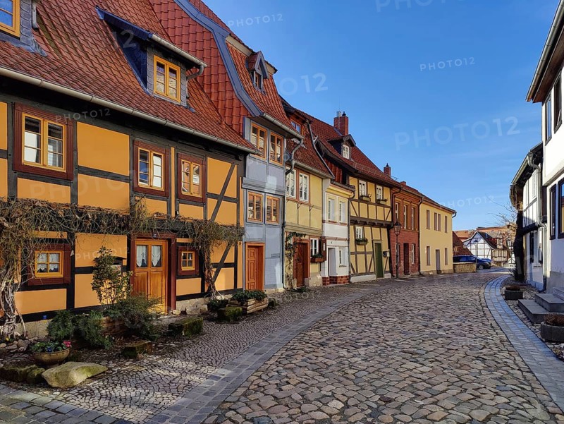 Half-timbered houses with cobblestones in Wassertorstraße, Old Town of the World Heritage City of Quedlinburg, Saxony-Anhalt, Germany, Europe