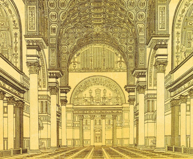 Interior view of the Baths of Caracallas, 3rd century AD, public baths, valuable decoration, columns, semicircular ceiling, arches, ornamentation, mosaics, ancient Rome, Italy, coloured historical illustration from 1882, Europe