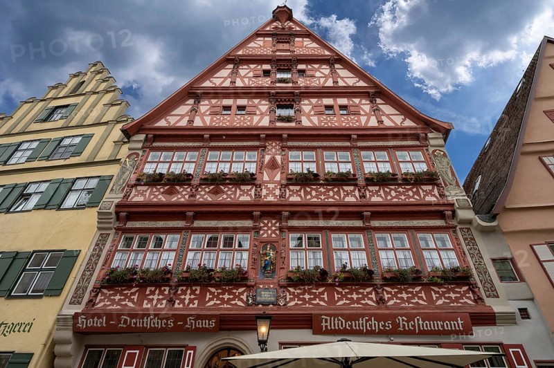 Historic half-timbered house, German house, built 15th century, façade late Renaissance 1593 and 1594, Weinmarkt 3, Dinklesbühl, Bavaria, Germany, Europe