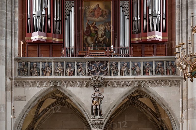 Sculptures of the twelve apostles on the organ loft of the late Gothic church of St George, Dinkelsbühl, Bavaria, Germany, Europe