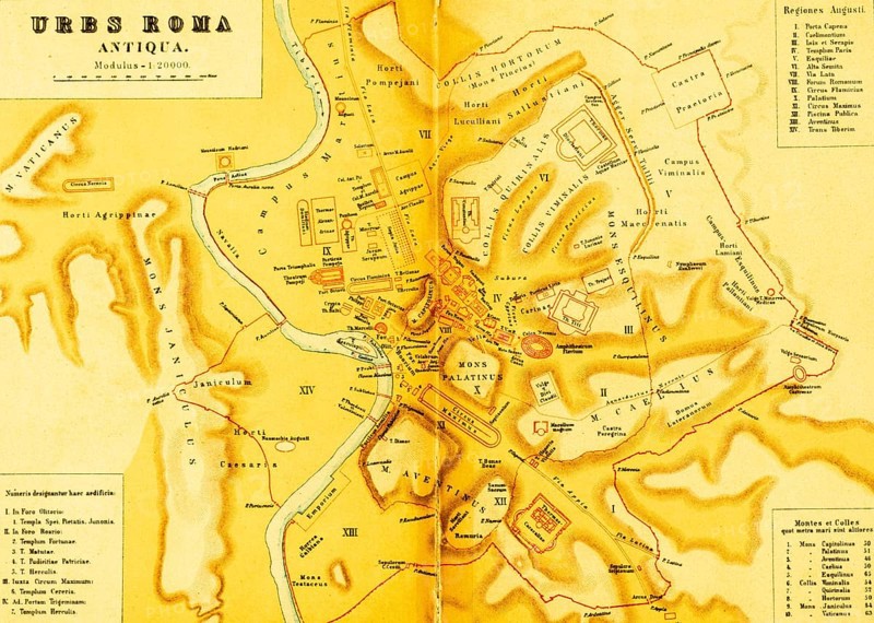Urbs Roma Antiqua on the Tiber with scale, Colosseum, seven hills of the city, Circus Maximus, Theatrum Pompeii, theatre, Horti Gardens, thermal baths, Pontes bridges, ancient Rome, Italy, coloured historical illustration from 1882, Europe
