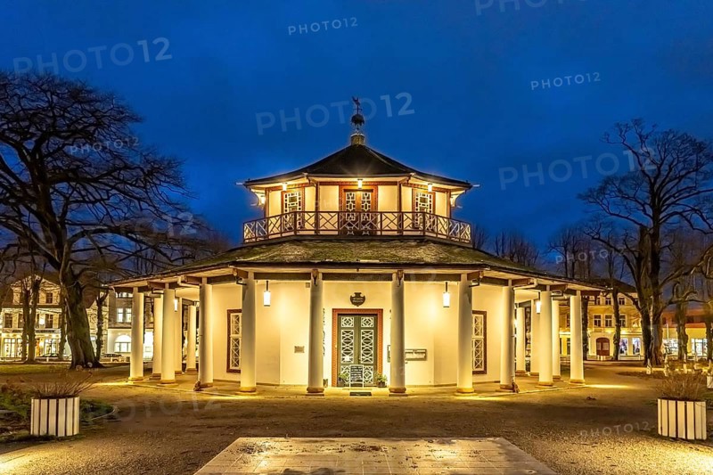White pavilion with restaurant in Bad Doberan at dusk, Mecklenburg-Vorpommern, Germany, Europe