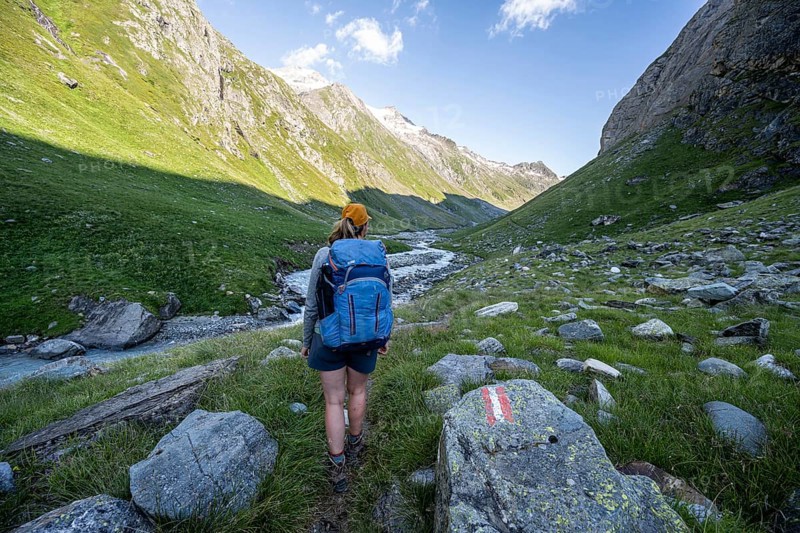 Mountaineer on hiking trail, Umbaltal, Venediger Group, Hohe Tauern National Park, East Tyrol, Tyrol, Austria, Europe
