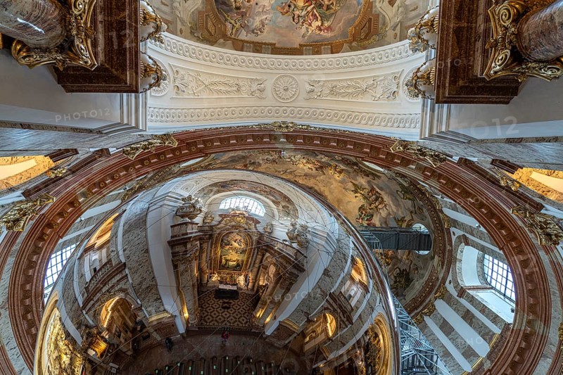 Aerocene art installation with giant reflecting sphere in the baroque Karlskirche church in Vienna, Austria, Europe