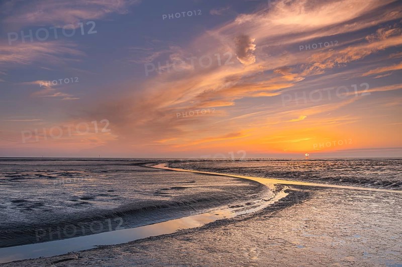 View of a tidal flat in the Wadden Sea at low tide at sunset, National Park, Unesco, World Natural Heritage, World Heritage, Lower Saxony, Wadden Sea, Cuxhaven, Lower Saxony, Germany, Europe
