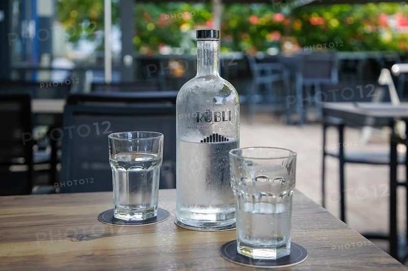 Mineral water, sparkling water, water bottle, glass, Rübli Restaurant, pub, bar, restaurant, Swabian cuisine, food and drink, terrace, beer garden, Freiberg am Neckar, Baden-Württemberg, Germany, Europe