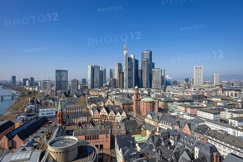 The view from St. Bartholomew's Cathedral takes in Frankfurt city centre and the banking skyline, Frankfurt am Main, Hesse, Germany, Europe